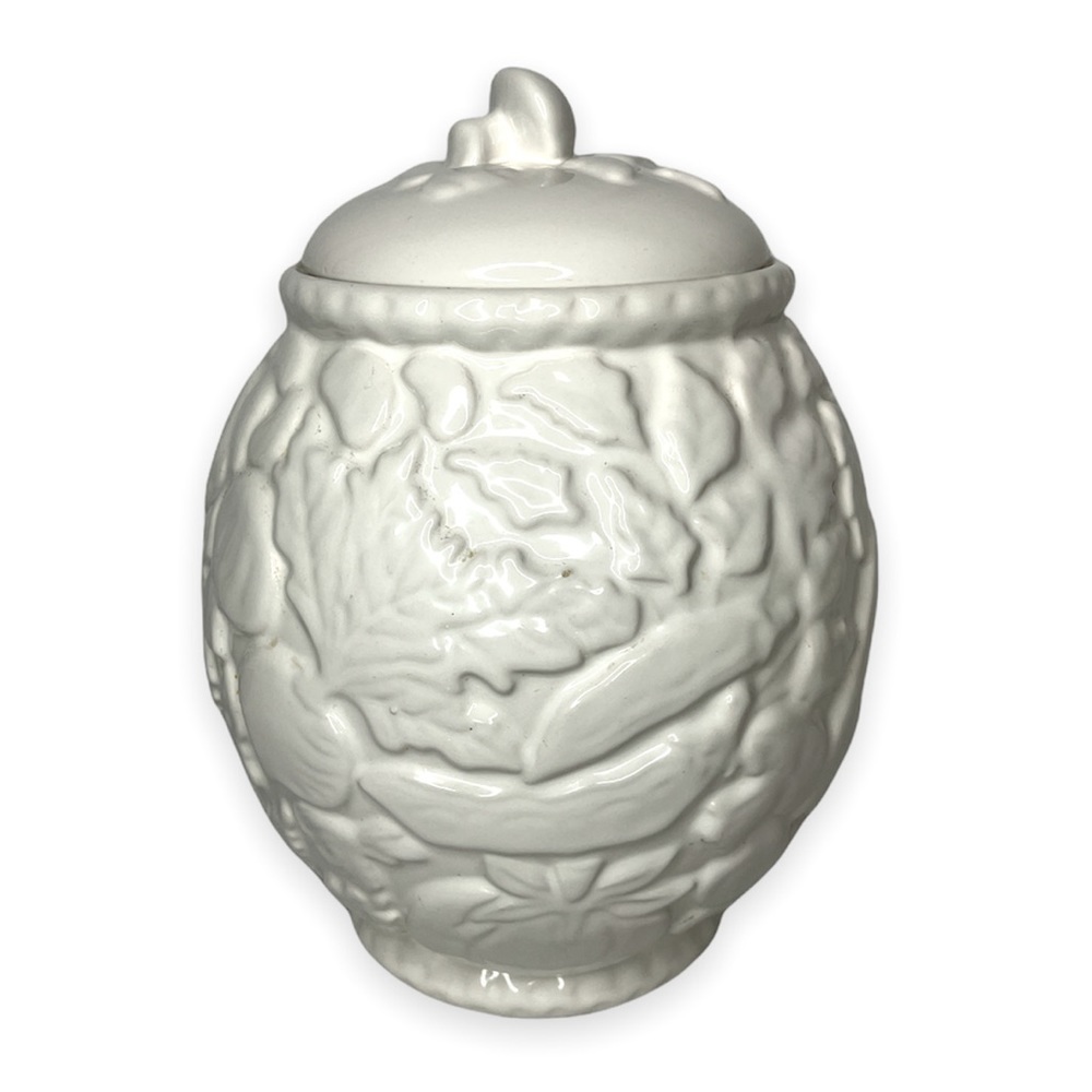 Porta White Embossed Cookie Jar with Mushroom Lid Stoneware Made‎ in Portugal